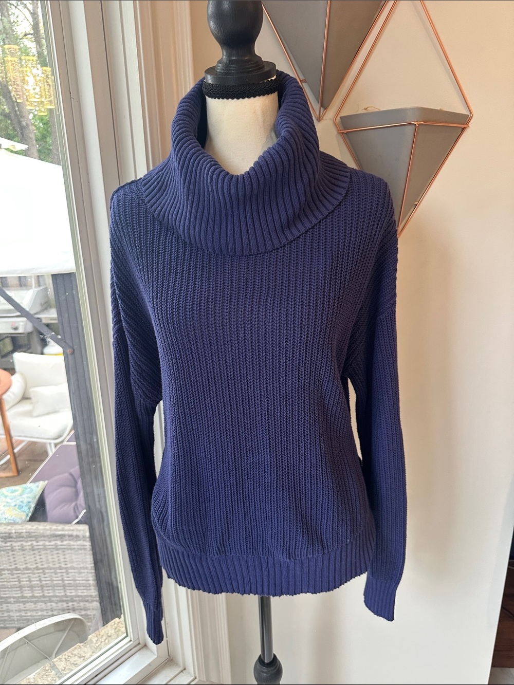 SAINT TROPEZ Funnel Neck Turtleneck Knit Sweater Navy Blue Ribbed Size Small
